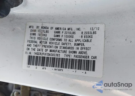 2013 Honda Accord Ex-L из США, поврежденный, VIN 1HGCR2F87DA080393